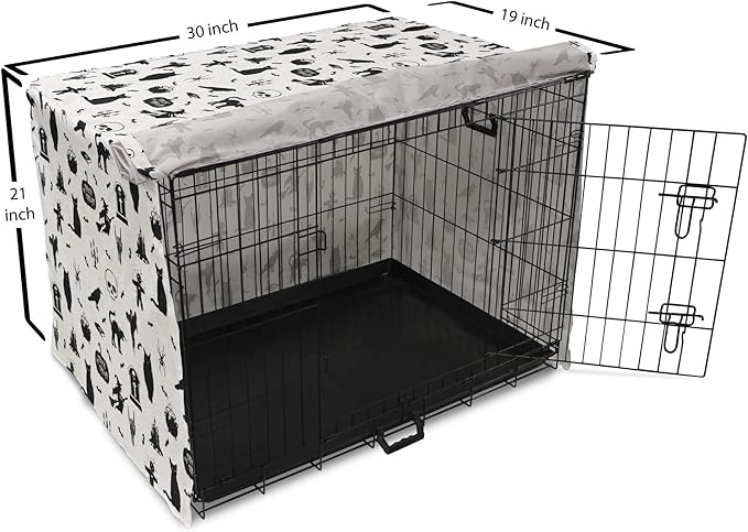 Lunarable Halloween Dog Crate Cover, Horror Pattern Tombstone Kitty Owl Voodoo Trick or Treat Pumpkin, Easy to Use Pet Kennel Cover for Cats & Medium Dogs, 30 Inch, Grey Black Charcoal