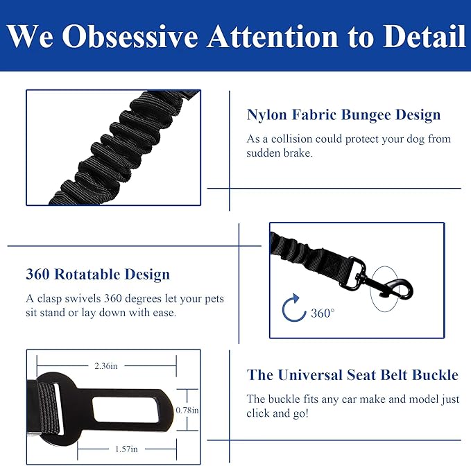 Dog Seat Belt for Car. 2 Pack Adjustable Dog Safety Seatbelt. Adjustable Strap, Strong Nylon Fabric, Bungee Buffer Dog Puppy Car Seat Belt.(Black+Black)