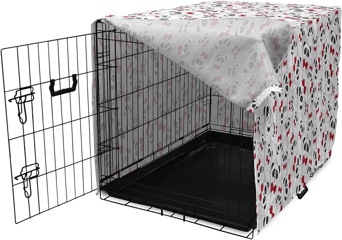 Lunarable Panda Dog Crate Cover, Funny Pattern of Asian Bear Animal in Romantic Bow Tie Cartoon Design, Easy to Use Pet Kennel Cover for Medium Large Dogs, 18 Inch, Pale Grey Black and Red