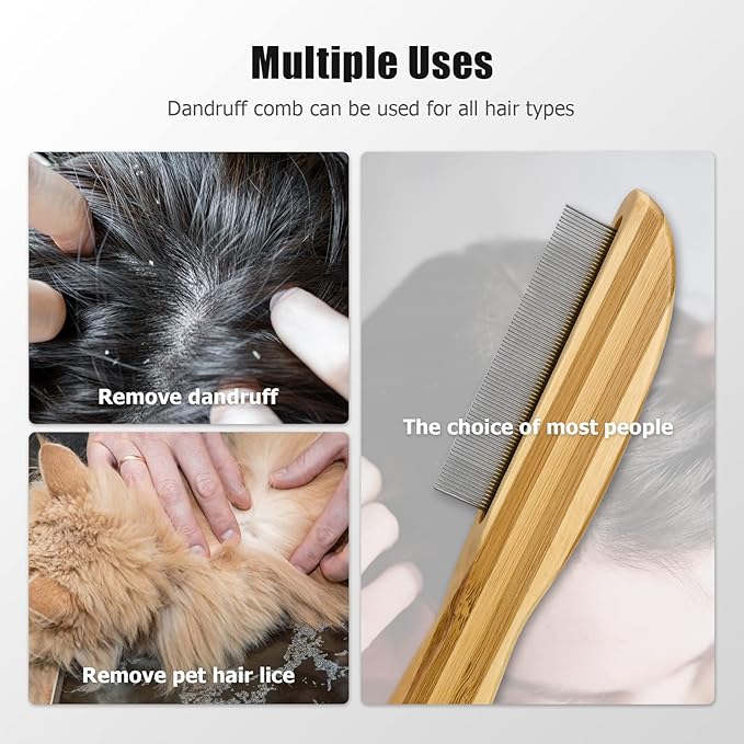 2-Pack Dandruff Comb, Stainless Steel Fine Tooth Comb Wooden Handle Dandruff Remover Flea Lice Comb Multifunction Hair Grooming Brush for Kids Adults Pets Dog