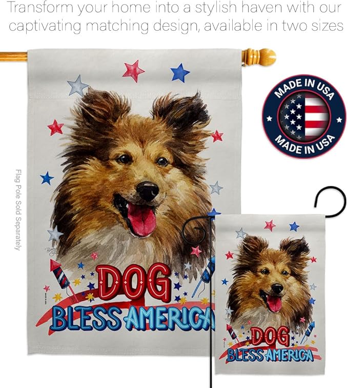 Breeze Decor Patriotic Shetland Sheepdog House Flag Dowel Set Dog Puppy Spoiled Paw Canine Fur Pet Nature Farm Animal Creature Banner Small Garden Yard Gift Double-Sided, Made in USA