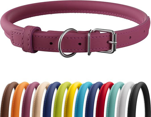 CollarDirect Rolled Leather Dog Collar, Soft Padded Round Puppy Collar, Handmade Genuine Leather Collar Dog Small Large Cat Collars 13 Colors (6 Inch, Pink Smooth)