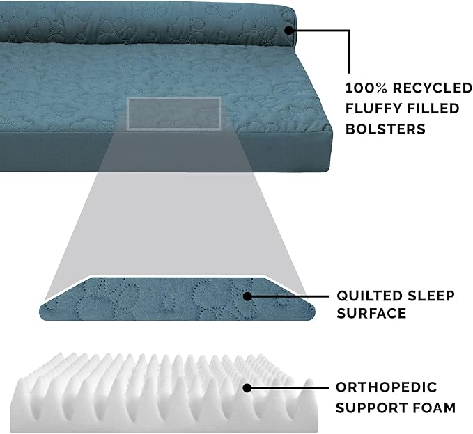 Furhaven Orthopedic Dog Bed for Large Dogs w/ Removable Bolsters & Washable Cover, For Dogs Up to 95 lbs - Pinsonic Quilted Paw L Shaped Chaise - Bluestone, Jumbo/XL