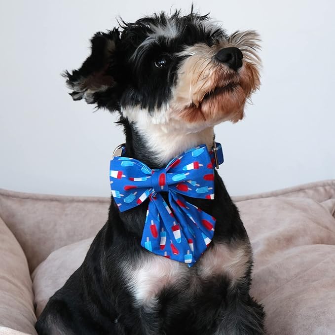 Lionet Paws Patriotic Dog Collar with Sailor Bow, 4th of July, Soft and Comfortable Adjustable Summer Popsicle Collar for Large Dogs, Neck 16-24 inches