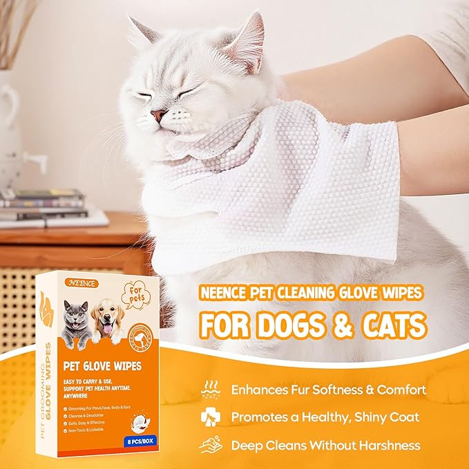 NEENCE Extra Thick Pet Glove Wipes for Dogs & Cats, Dog Washing Gloves Cleaning Deodorizing for Paws,Butt and Body, Cat Bathing Gloves Wipes Suitable for Daily Care and Travelling