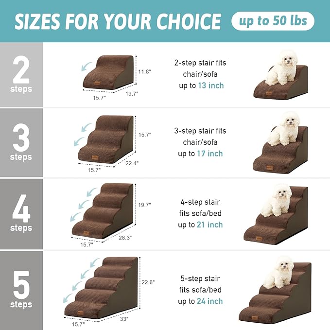 Dog Stairs for Chair, Small Dogs Steps for Cat, Sofa or Couch, Pet Ramp with Leakproof Cover, Lightweight, High Density Foam, Non-Slip, Durable, 15.7x19.7x11.8in, 2 Tiers, Brown