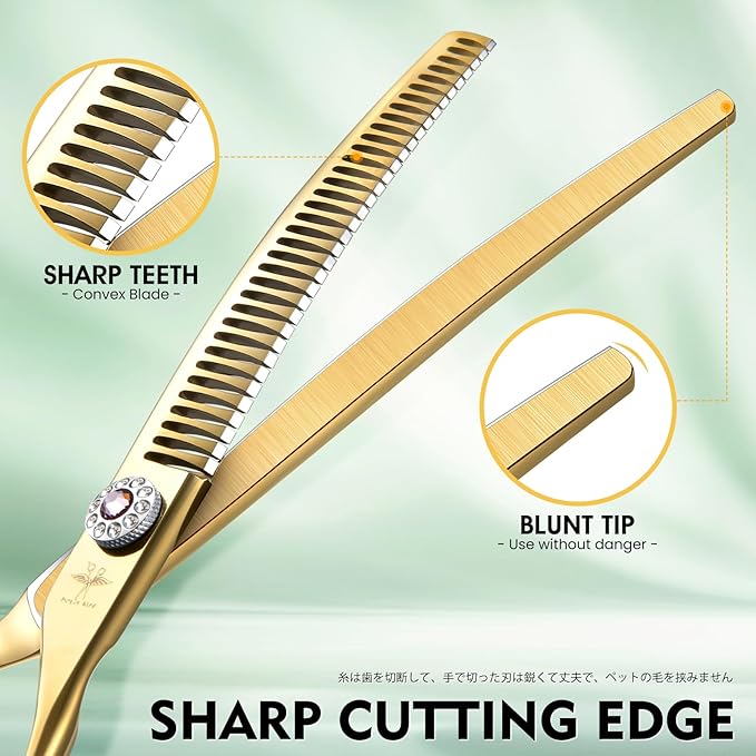 PURPLEBIRD Curved Shears Dog Grooming Chunkers, 7 inch Professional Thinning Scissors Safety Blunt Tip Trimming Scissors for Dogs Cats Face Paws Limbs Japanese Stainless Steel (Yellow)