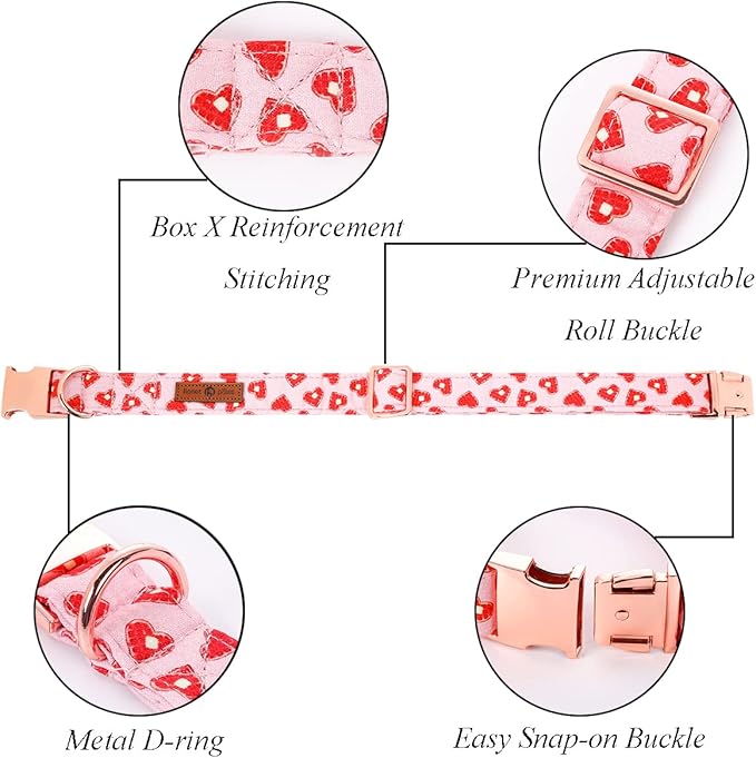 Lionet Paws Valentine Day Dog Collar, Heavy-Duty Cute Red Heart Pattern Collar with Metal Buckle Pet Necklace for Medium Large Dog Gift, Neck 16-24 inches