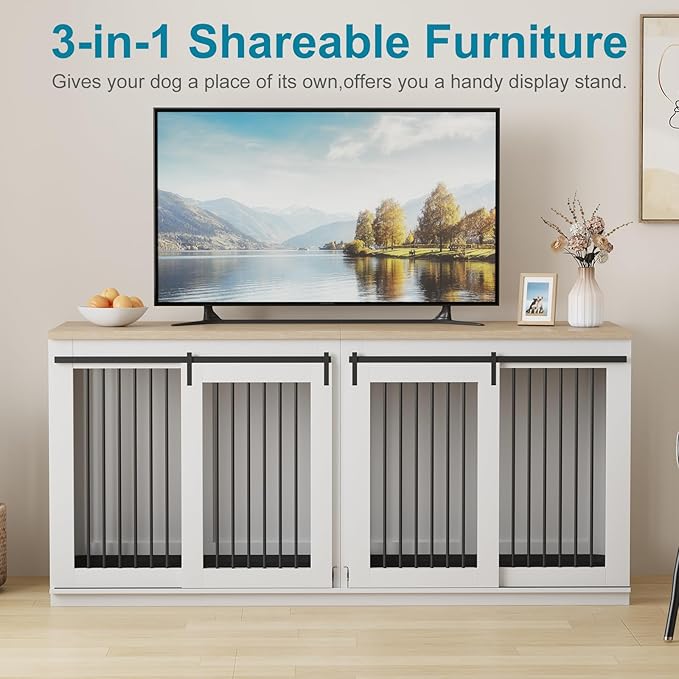 Large Dog Crate Furniture, 71" Wooden Dog Kennel for 2 Dogs, Heavy Duty Furniture Style Dog House with Divider & 2 Trays,Decorative Dog Crate Table Indoor Tv Stand