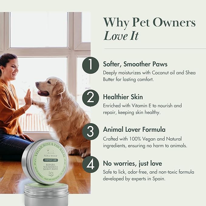 Vegan Dog Paw Balm Dogs & Nose Balm - All-Natural, Rich in Vitamin E Moisturizing Formula with Coconut Oil for Dogs & Shea Butter, Dog Nose Balm, Non-Toxic, Safe to Lick Paw Soother for Dogs