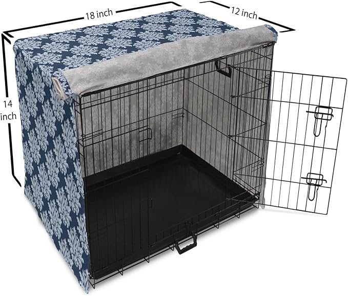 Lunarable Damask Dog Crate Cover, Abstract Antique Royal Motif with Leaves and Swirls, Easy to Use Pet Kennel Cover for Small Dogs Puppies Kittens, 18 Inch, Ceil Blue Violet