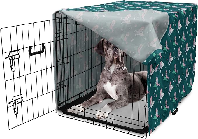 Lunarable Dolphin Dog Crate Cover, Pink Haired Mermaids Swimming with Dolphins Backdrop with Starfish Dots, Easy to Use Pet Kennel Cover for Medium Large Dogs, 48 Inch, Jade Green Multicolor