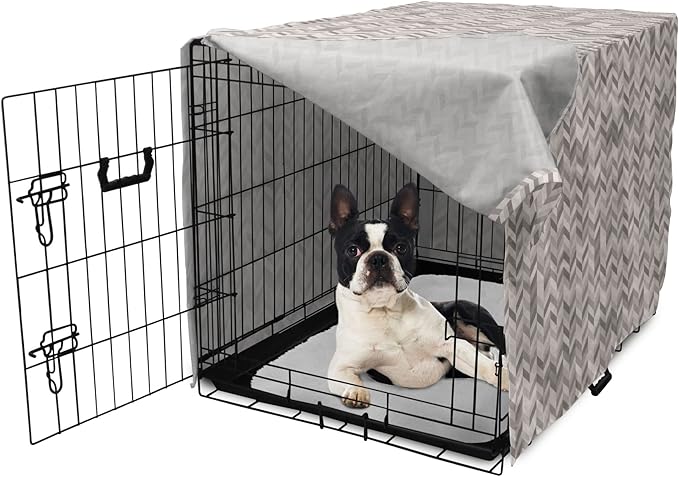 Lunarable Chevron Dog Crate Cover, Monochrome Stripes 3 Dimensional Pattern Geometric Chevron Design Abstract, Easy to Use Pet Kennel Cover for Small Dogs Puppies Kittens, 22 Inch, Taupe and Grey