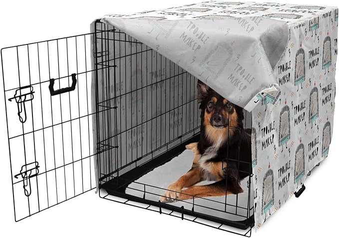Lunarable Cartoon Dog Crate Cover, Hedgehog Trouble Maker Lettering with Apple and Stars Bad Boy Print, Easy to Use Pet Kennel Cover for Medium Large Dogs, 36 Inch, Pearl Pale Blue