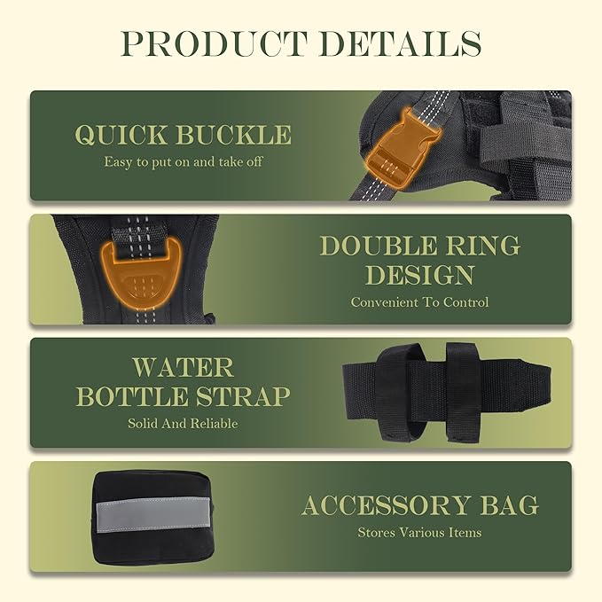 Tactical Dog Harness, Heavy Duty Dog Harness,Adjustable Breathable Pet Harness with MOLLE Panel, Small Pouch, and Bottle Holder,for Large Dogs, Black L