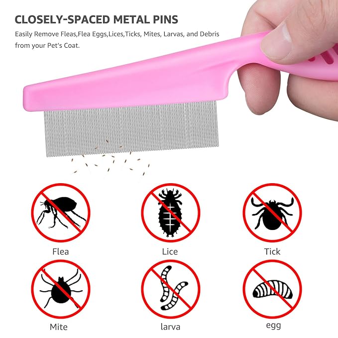 Flea Comb for Cats Dog Comb Lice Comb Metal Teeth Durable Tear Stain Dog Combs Remove Float Hair Combing Tangled Hair Dandruff Pet Comb Grooming Set 3 Pieces Add Storage Pouch (Pink)