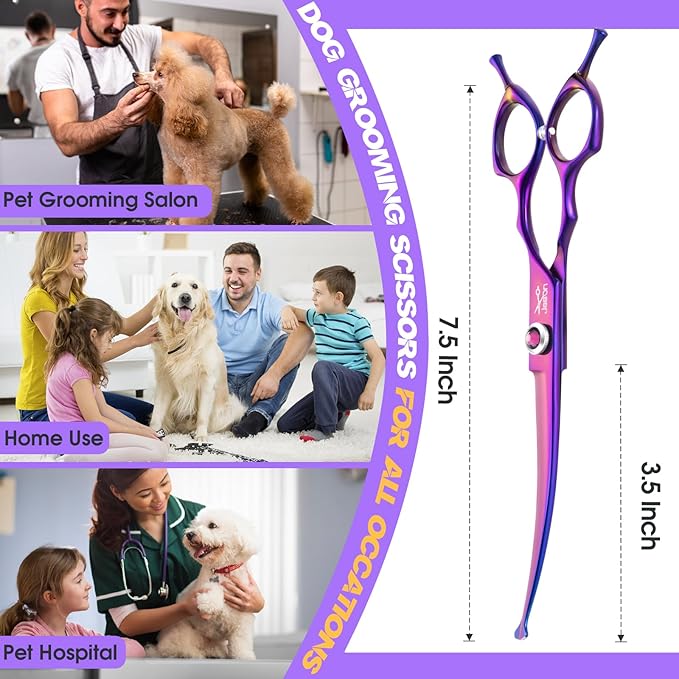 JASON Dog Scissors for Grooming - 7.5" Curved Scissors for Dog Grooming with Round Tips, Japanese 440C Stainless Steel Curved Shears with Diamond Adjustable Screw