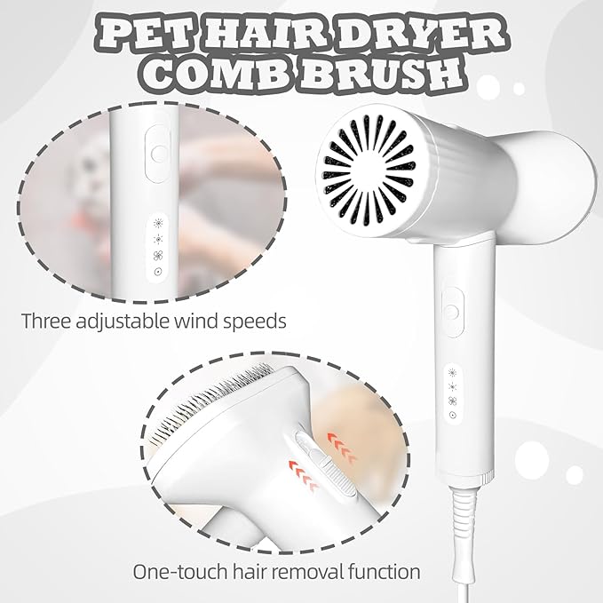 2-in-1 Pet Grooming Dryer and Brush - Overheating Protection, 3 Blowing Modes, Low Noise - Ideal for Small and Medium Dogs/Cats - Slim Handle (White)