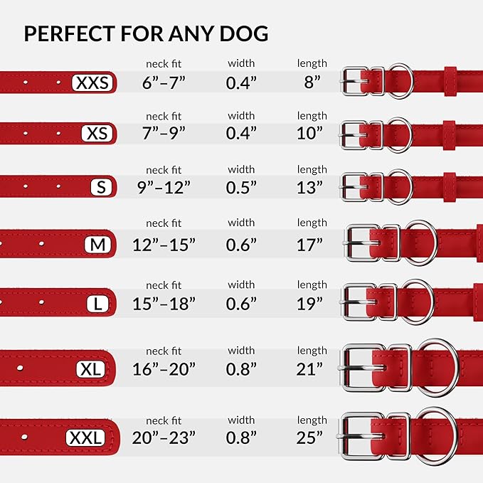 CollarDirect Rolled Leather Dog Collar, Soft Padded Round Puppy Collar, Handmade Genuine Leather Collar Dog Small Large Cat Collars 13 Colors (18-22 Inch, Red Smooth)