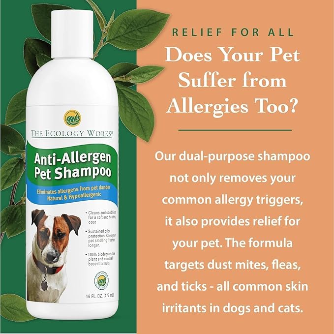 Anti-Allergen Pet Shampoo -Dog & Cat Dander Remover. Gentle Formula for Dry Sensitive Skin; Allergy Relief, The Ecology Works (32 Oz)