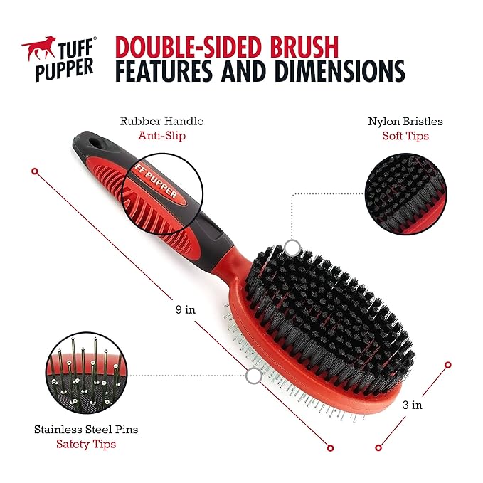 Tuff Pupper Double Sided Dog Brush, Detangling Tool for Dogs and Cats, Pin & Bristle Pet Brush, for and Hair Types, With Comfort-Grip Anti-Slip Handle, Brown, Black, White
