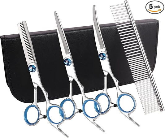 Premium Dog Grooming Scissors with Safety Round Tips, 5 in 1 Dog Grooming Scissors Kit, 4CR Stainless Steel Premium Pet Grooming Shears for Dog, Sharp and Durable, Blue