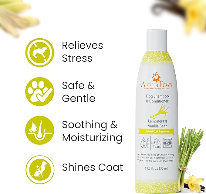 Dog Shampoo – Cleansing Wash, Conditioning, Moisturizing – Healthy Ingredients – Aromatic Grooming Puppy Shampoo – Tearless Cleaner, Lemongrass Vanilla Bean 13.5 oz