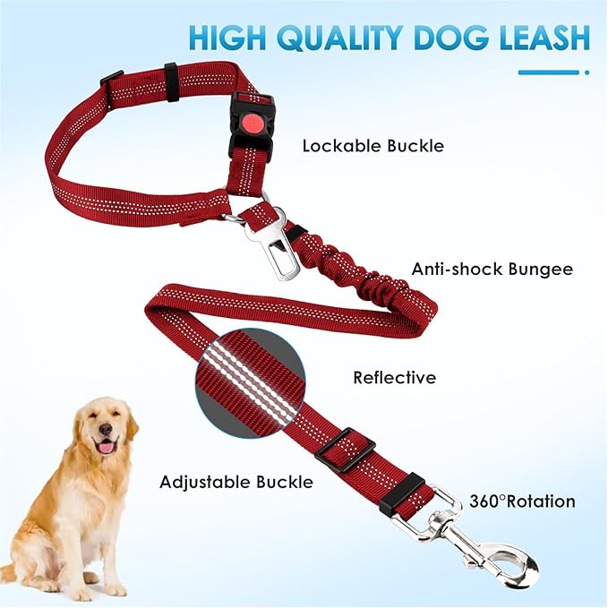 Lukovee Dog Seatbelt Leash for Cars, 2 Pack Pet Safety Car Seat Belt with Adjustable Buckle & Reflective Bungee, Connect Dog Harness in Vehicle Car Dogs Restraint Travel Daily Use (Red)