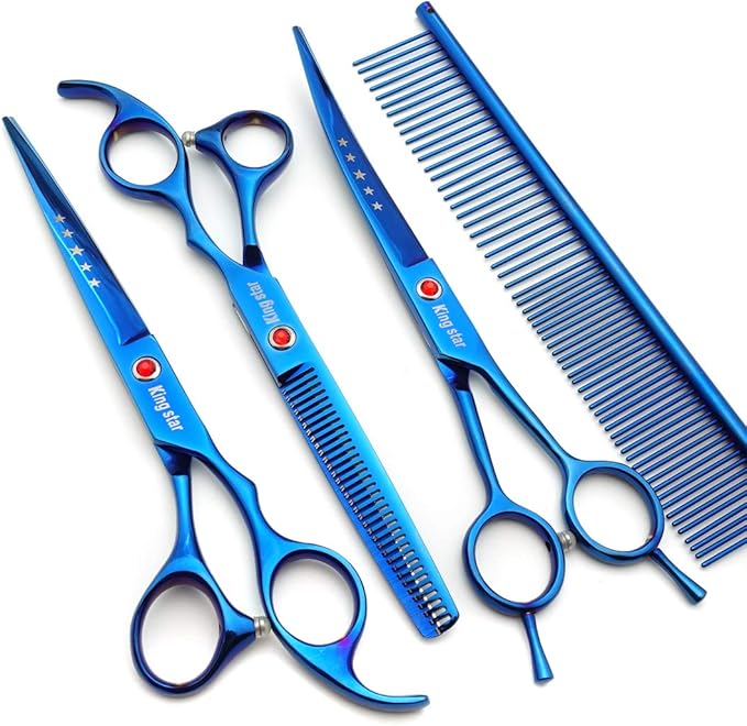7.0in Titanium Professional Pet Grooming Scissors Set,Straight & Thinning & Curved Scissors 3pcs Set for Dog Grooming,A350 (Blue)