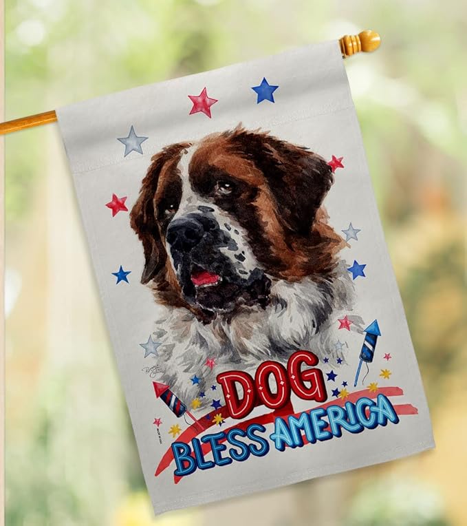 Breeze Decor Patriotic St Bernard Dog House Flag Pack Puppy Spoiled Paw Canine Fur Pet Nature Farm Animal Creature Applique Decoration Banner Small Garden Yard Gift Double-Sided, Made in USA