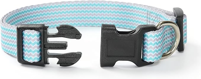 Mile High Life Dog Collar | Cute Puppy Collars | Lightweight Girl Dog Collar | Soft Boy Dog Collars | w Geometric Plaid Wave Line Pattern (Green Wave, Small)