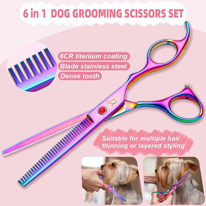 Dog Grooming Scissors,Rainbow Curved Chunkers Shears with Safety Round Tips,Sharp and Durable 6 in 1 Dog Scissors for Grooming