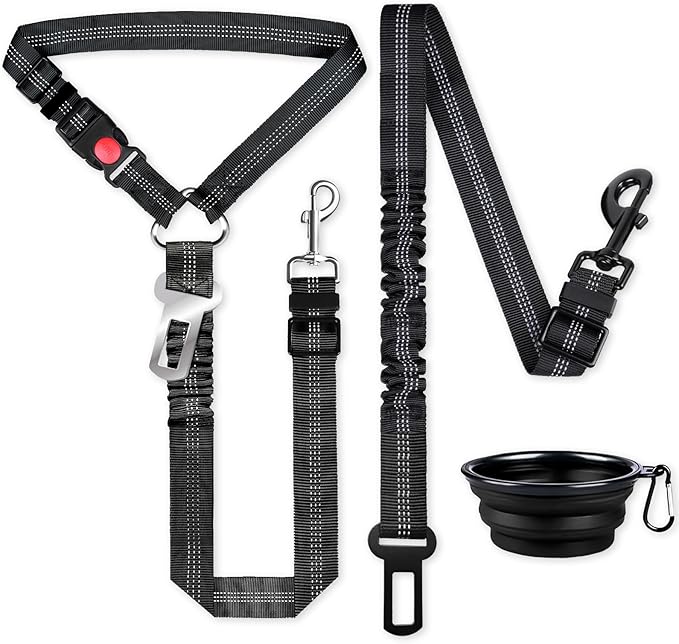 Dog Seat Belt for car, 3 Piece Set Retractable Dog Car Harness 2 Pack Adjustable Seatbelt for Dog in car, Nylon Pet Safety Seat Belts Tether Heavy Duty and Reflective Dog car Leash, Black