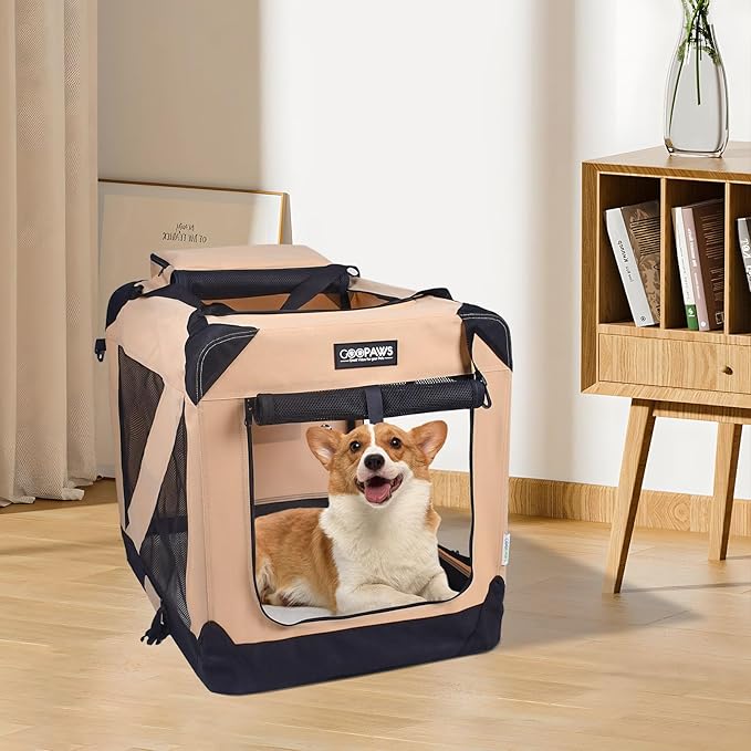JESPET 30'' Soft Dog Crates Kennel for Pets, 3 Door Soft Sided Folding Travel Pet Carrier with Straps and Fleece Mat for Dogs, Cats, Rabbits, Grey Blue & Beige (30" L x 21" W x 23" H, Beige)