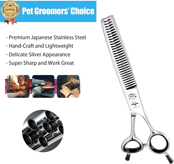 PURPLRBIRD 7 Inch Straight Dog Grooming Scissors Pet Thinning Texturizing Shears Professional Safety Blunt Tip Trimming Shearing for Dogs Cats Face Paws Limbs Japanese Stainless Steel Silver