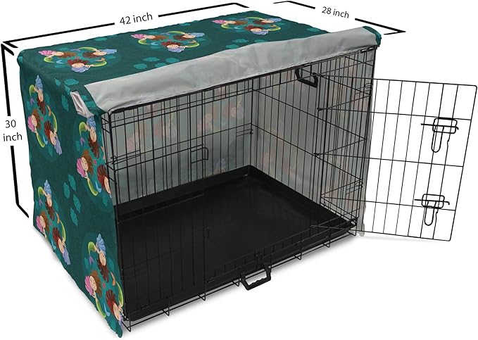 Lunarable Mermaid Dog Crate Cover, Smiling Happy Cheerful Mermaids with Seashells Scallops Exotic Waters Spirals, Easy to Use Pet Kennel Cover for Medium Large Dogs, 42 Inch, Teal Multicolor