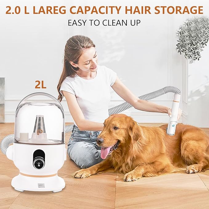 Dog Hair Vacuum & Pet Grooming Kit, 5 in 1 Pet Grooming for Dogs Cats, 2L Large Capacity Pet Hair Vacuum, Low Noise Dog Hair Vacuum for Shedding Pet Hair, Home Cleaning, White