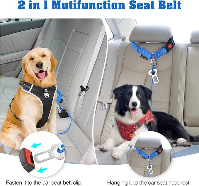 Chew Proof Dog Car Seat Belt, 2 in 1 Steel Cable Dog Car Accessories Headrest Restraint Dog Car Seatbelt for Medium Large Dogs Chewer Heavy Duty Dog Seatbelts for Cars Swivel Attach