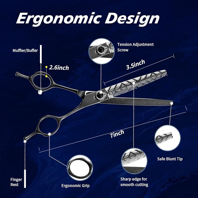 7" Dog Grooming Scissors Kit Black, Premium Japanese 440C Stainless Steel Straight, Thinning, Curved, Chunker Shears With Steel Comb for Precise Styling