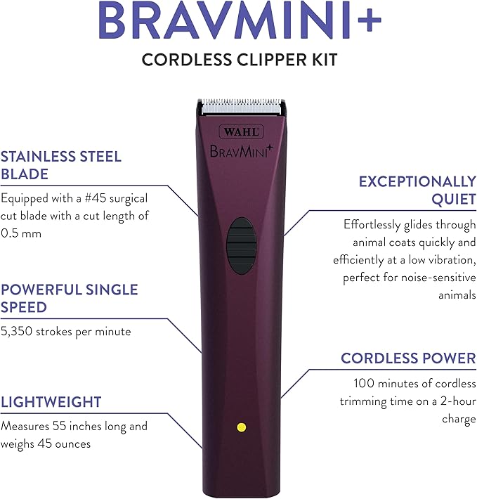 Wahl Professional Animal Bravmini+ Pet, Dog, Cat, & Horse Cordless Trimmer Kit - Purple