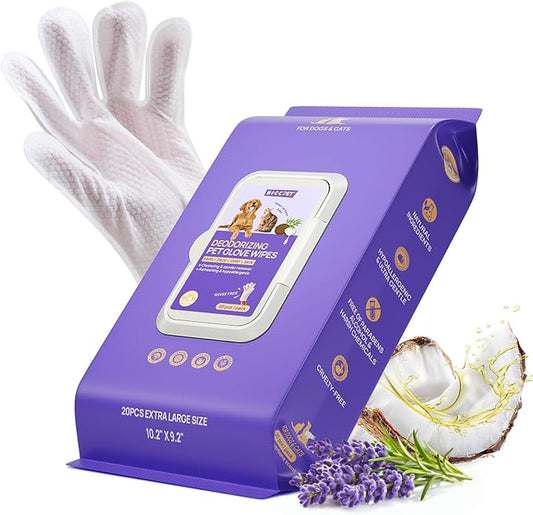 HICC PET Cleaning & Deodorizing Bathing Wipes for Dogs & Cats, Hypoallergenic Coconut Oil Grooming Glove Wipes for Dogs Nourishing Fur, Cat Wipes Cleaning Fur for Daily and Traveling Care