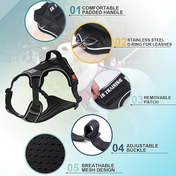 Service Dog Harness, No Pull Pet Harness with 2 Leash Clips, Reflective Adjustable No Choke Dog Vest with 5 PCS Patches,Vest Harness with Easy Control Handle Walking,Hiking,Training