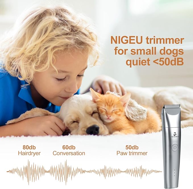 Dog Clippers Grooming Kit Hair Clippers with Nail Grinder Set 4 in 1, Cordless Electric Trimmer- Low Noise Paw Trimmer-USB Rechargeable Quiet Nail Grinder Shaver for Cats and Other Pets （Sliver）
