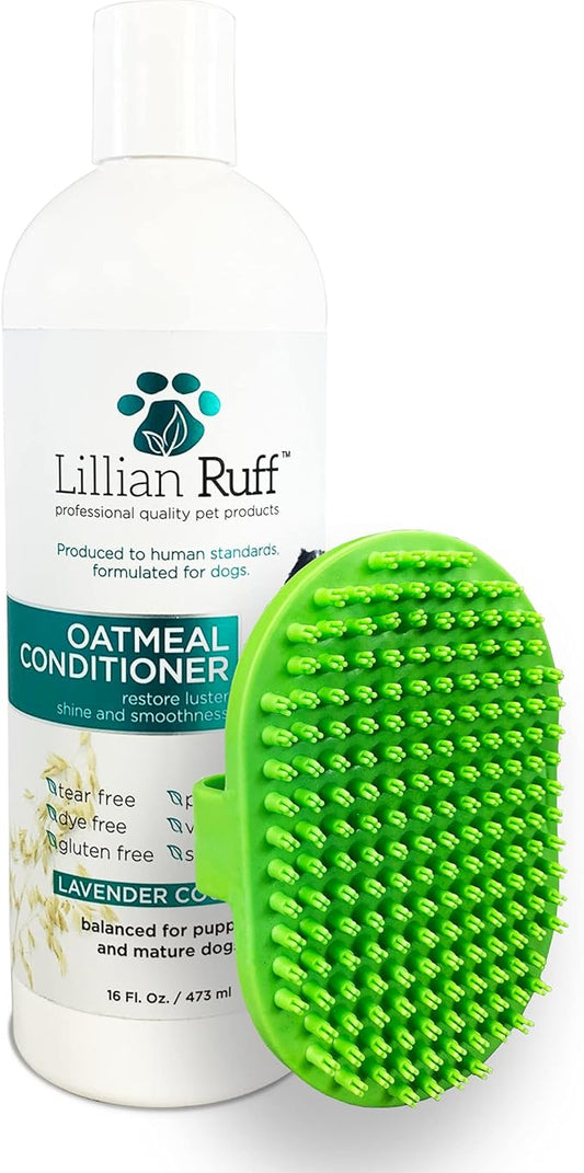 Lillian Ruff Calming Oatmeal Pet Conditioner for Dry Skin & Itch Relief with Aloe & Hydrating Essential Oils - Replenish Moisture & Deodorize - Dog Conditioner for Normal/Sensitive Skin (16oz & Brush)