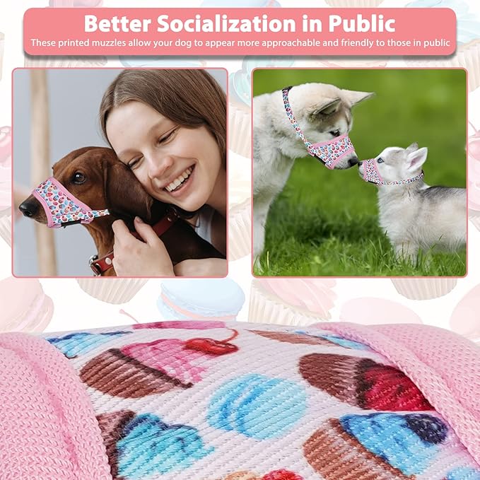 LUCKYPAW Dog Muzzle, Soft Dog Muzzles for Small Medium Large Dogs, Breathable Muzzles to Stop Biting and Chewing with Pattern, Allows Panting and Drinking (M-(Snout 5½"-8"), Pink Cake)