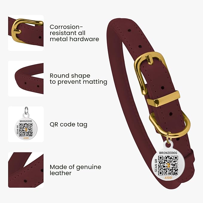 BRONZEDOG Rolled Leather Dog Collar with QR ID Tag Adjustable Soft Round Collars for Small Medium Large Dogs Puppy Cat (9" - 11" Neck Size, Burgundy)