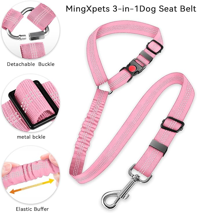 Dog Seat Belt for car, 3 Piece Set Retractable Dog Car Harness 2 Pack Adjustable Seatbelt for Dog in car, Nylon Pet Safety Seat Belts Tether Heavy Duty and Reflective Dog car Leash, Pink