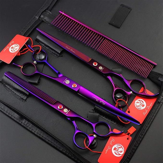 Purple Dragon 8.0 inch Dog Hair Cutting, Curved and Thinning Scissors Shear Pet Grooming Tool Kit (Purple)