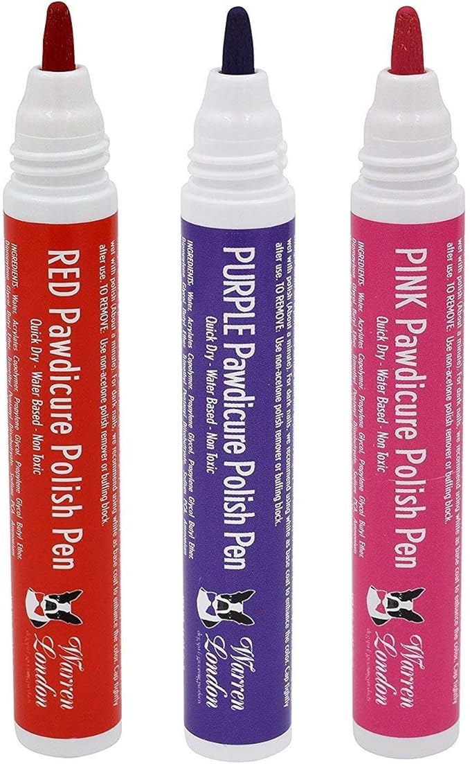 Warren London Distract-A-Hat™ & Pawdicure Polish Pen Bundle | Grooming Distraction Hat + 3 Nail Polish Pens for Dogs | Fast-Drying, Water-Based Dog Nail Polish | Red, Purple, Pink