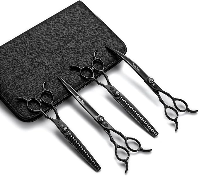 Dog Grooming Scissors: 7.5 inch Bright Black Pet Shears Set Made Of Japanese 440C Advanced Stainless Steel Professional Grooming Scissors for Dogs Cats and Other Pets